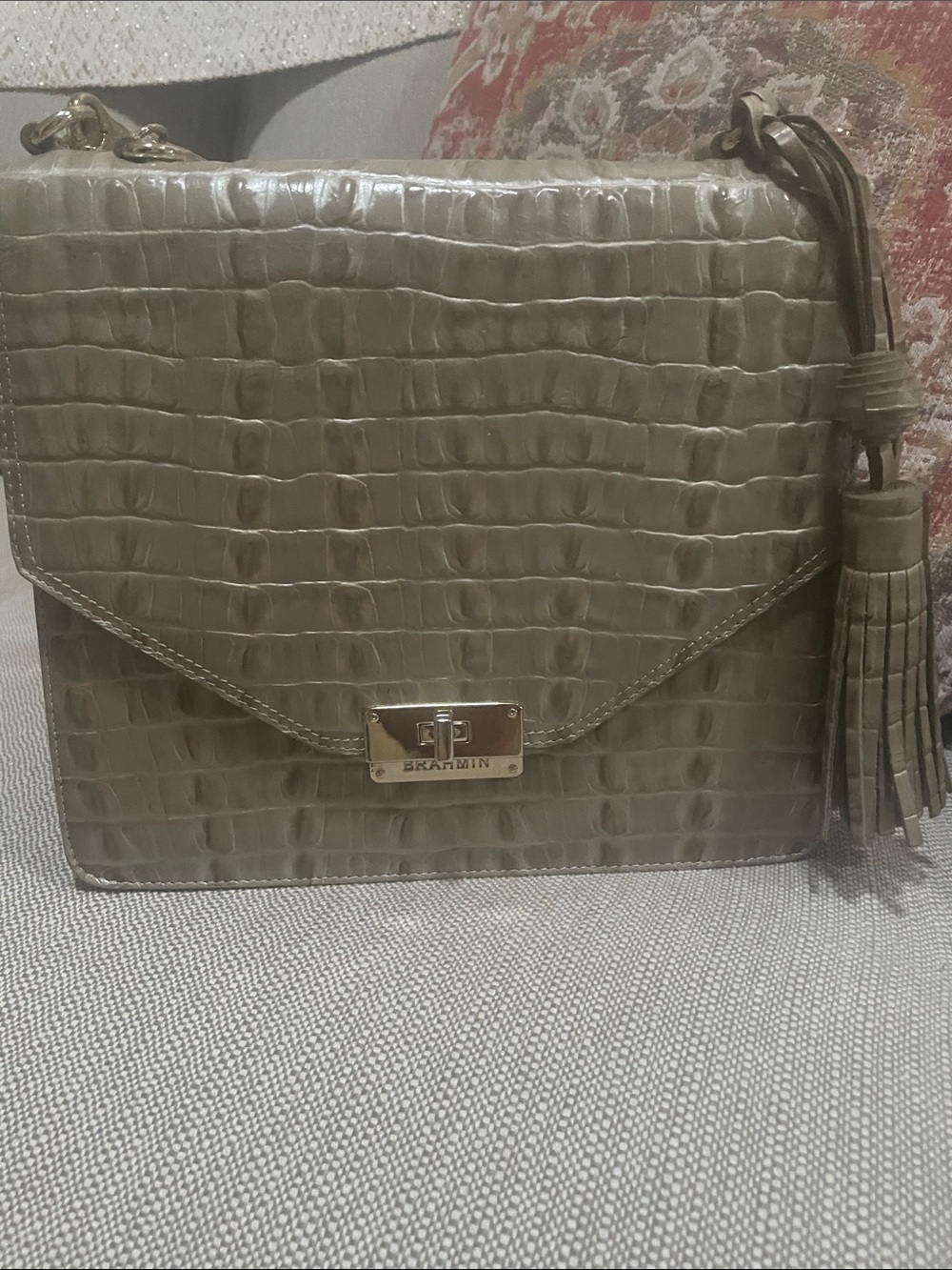 Brahmin Olive Croc-Embossed Leather Crossbody with Tassel
